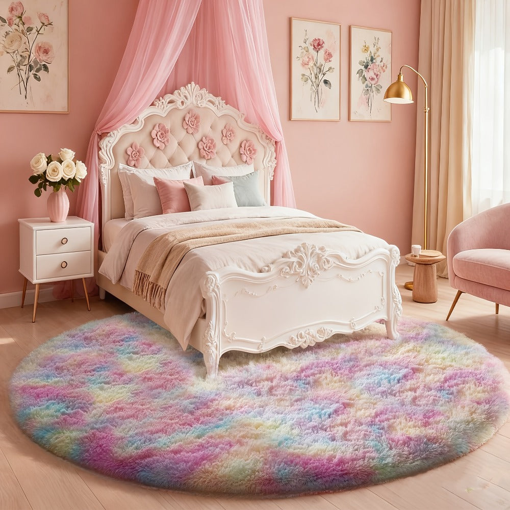 Round Area Rug Soft Shaggy Plush Circle Rug Non-Slip Indoor Floor Mat for Living Room Bedroom Dorm Tie Dye Rainbow Multi-Color Multi-Size