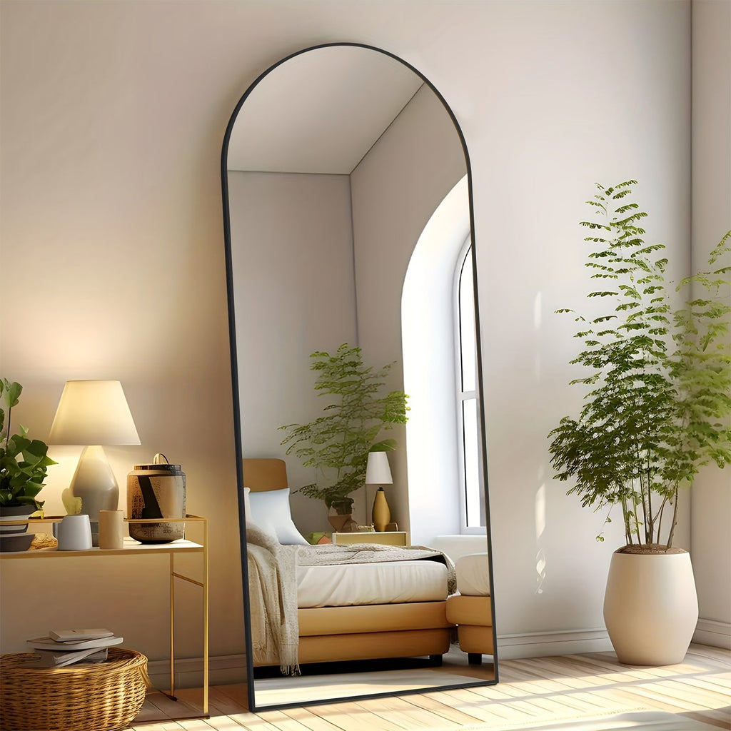 Full Length Mirror Floor Standing with LED Light - Arched & Rect Aluminum Frame Dressing Mirror for Bedroom Living Room, Black/Golden/White