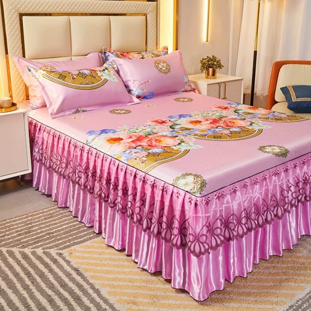 Floral Ruffle Bed Skirt Cool Mat 3 Piece Set with Pillowcase, Double Layer 360¡ã Full Wrap Washable Cooling Mattress Cover, Breathable Summer Bedding Set for Twin Full Queen King, Parisian Romantic Floral