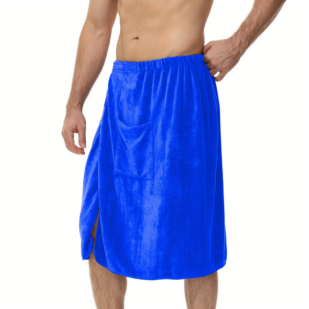 Wearable Bath Towel for Men - Soft Absorbent Suede Microfiber Bathrobe Wrap 320GSM Solid Color Quick Dry Shower Towel | Blue Brown | Spa Gym Bathroom Robe Towel Modern Style Men Gift