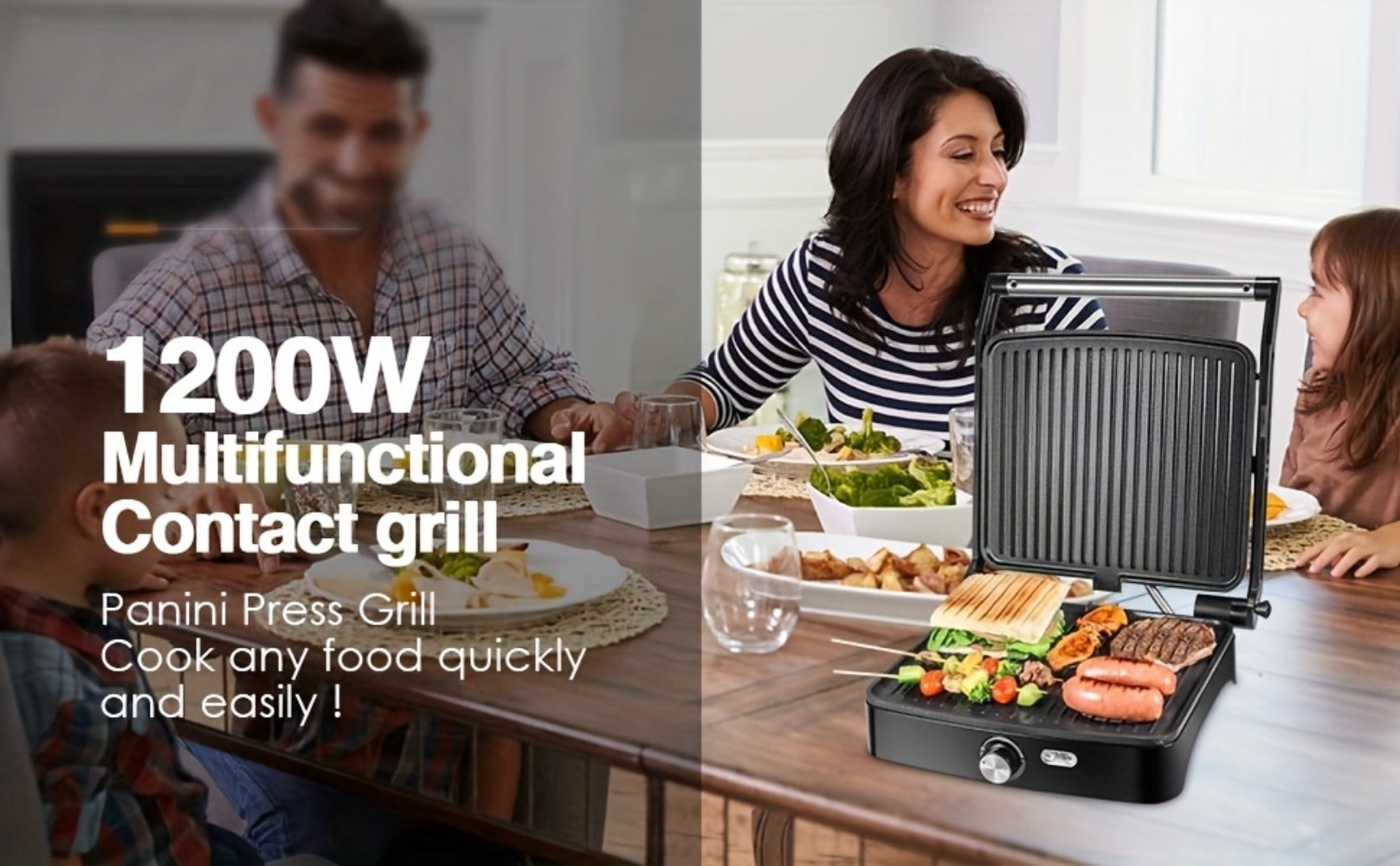 Panini Press Sandwich Maker 1200W ¨C 4-Slice Non-Stick Grill with 180¡ã Opening Adjustable Temperature 120¨C428¡ãF & Removable Drip Tray | Electric Contact Grill for Sandwiches Steaks Burgers Indoor Use