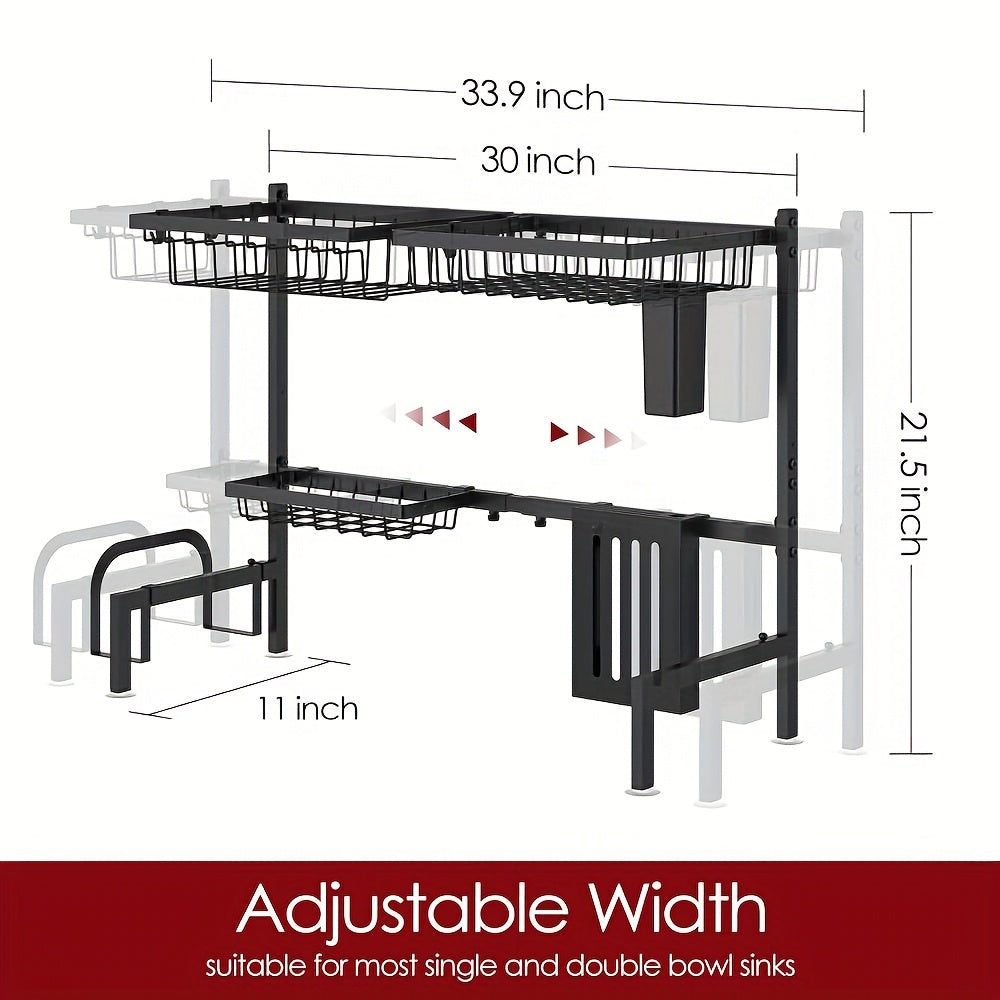 Over-the-Sink Dish Drying Rack Expandable 2-Tier 304 Stainless Steel Adjustable 30-34 Inch with Utensil Holder Knife Holder Cutting Board Holder and 5 Hooks for Kitchen