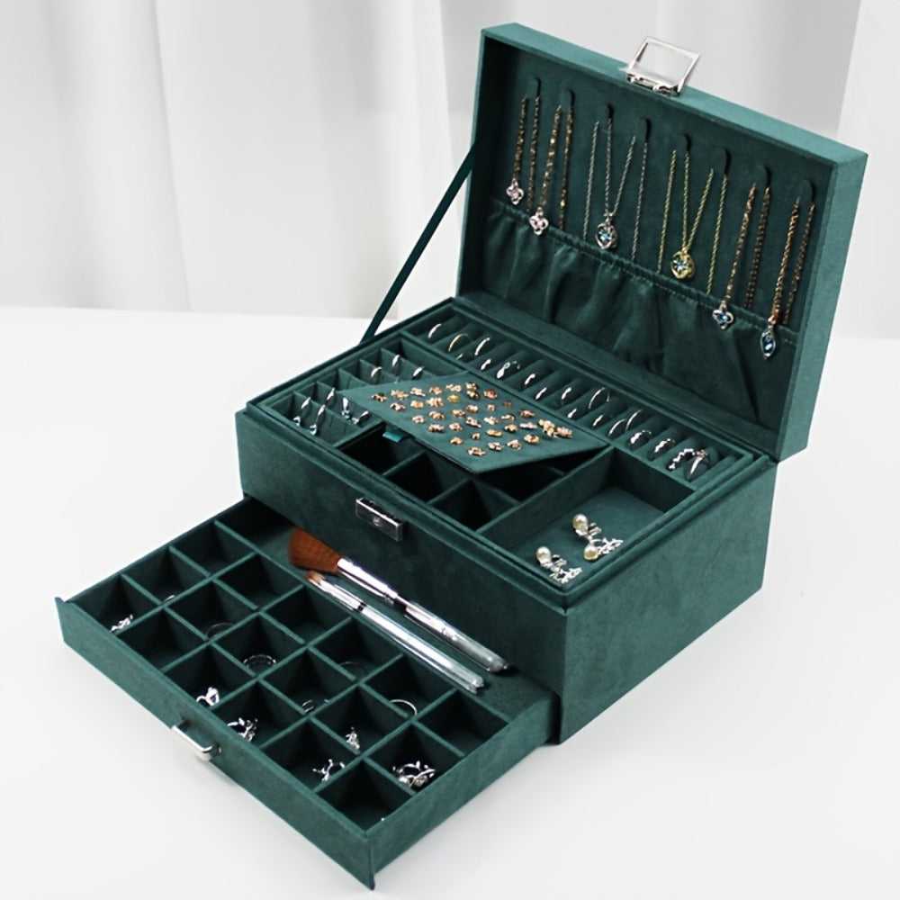 Velvet Jewelry Organizer Box with Lock & Drawers ¨C Large Capacity Storage Case for Rings, Necklaces, Earrings & Bracelets, Travel Jewelry Box