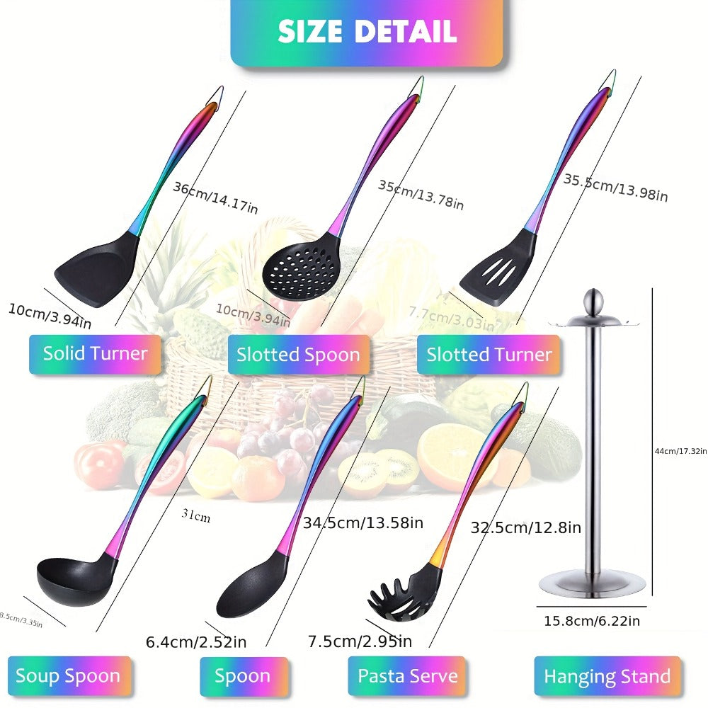 Silicone Cooking Utensils Set 17 Piece Rainbow Titanium with Rotating Holder - Heat Resistant Non-Stick Spatulas, Ladle, Skimmer, Turner & Measuring Cups and Spoons with Stainless Steel Handles