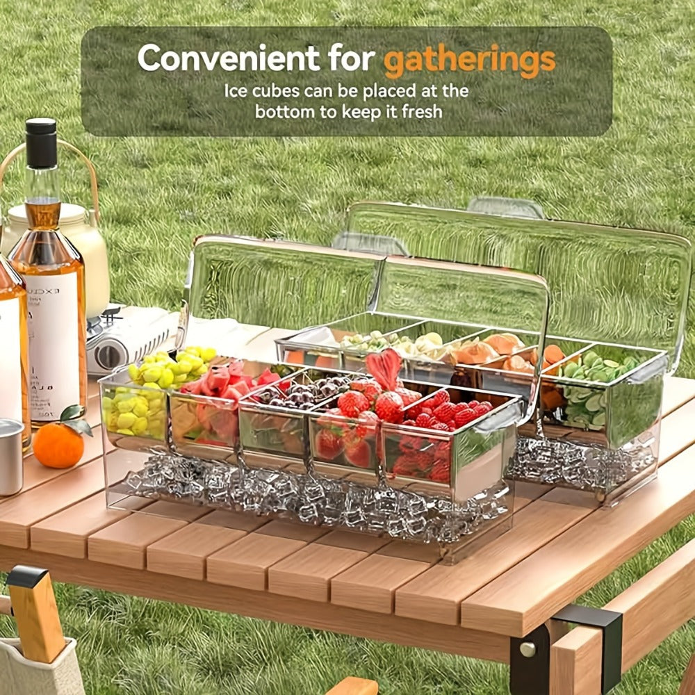 Fruit Salad Bowl with Lid and 5 Compartments, Portable Chilled Serving Tray with 5 Forks and 2 Tongs, Detachable Fruit Storage Box for Party Entertaining Bar Decoration Buffet Table