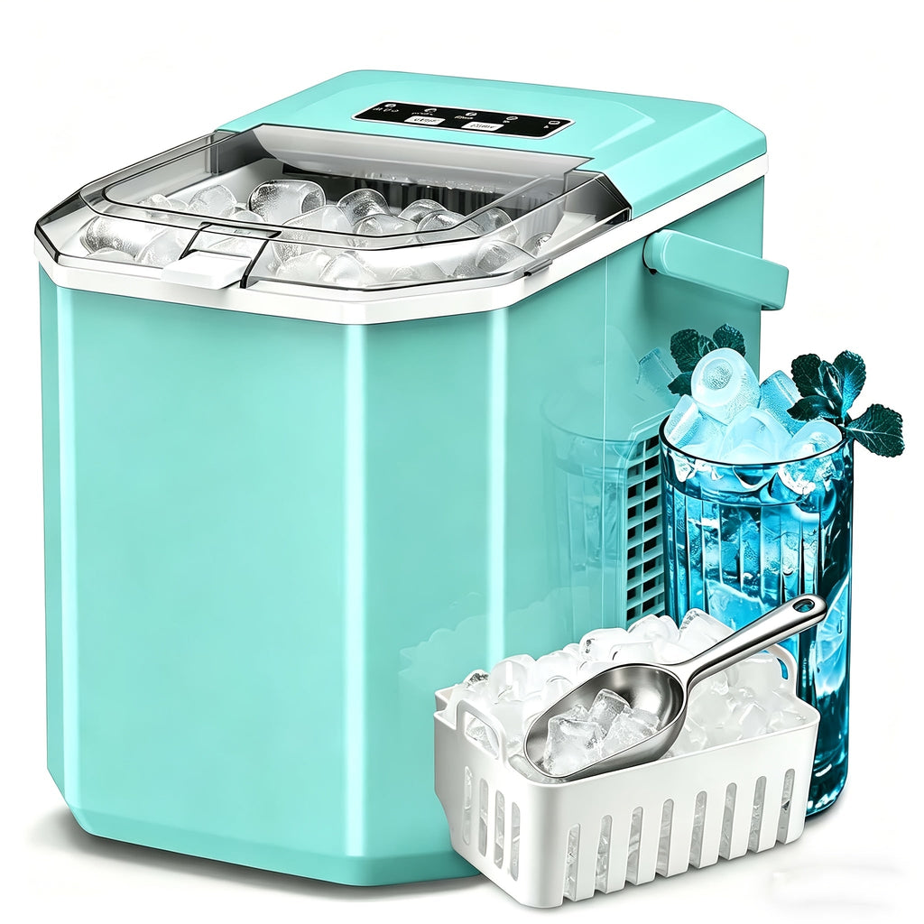 Countertop Ice Maker 26.5 Lbs Per Day - 9 Ice Cubes Ready in 6 Minutes, Portable Ice Machine with Self-Cleaning, 2 Ice Sizes S/L, Compact Ice Maker for Home Kitchen Office Bar RV - Green