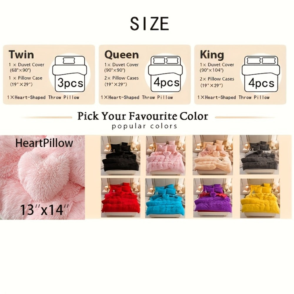 Faux Fur Duvet Cover Set Twin Queen King Super Soft Plush Comforter Cover with Pillowcases Heart Pillow for Kids Teens Machine Washable Bedroom Decor