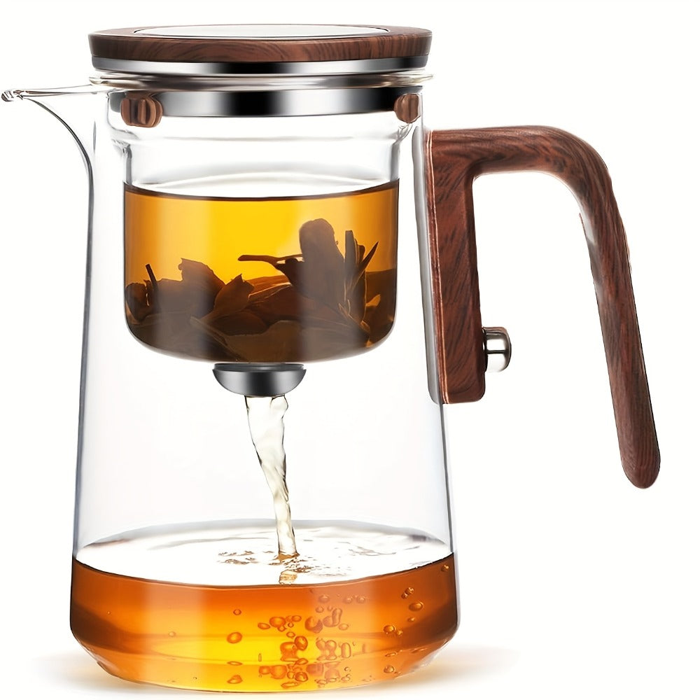 Glass Teapot with Infuser & Wooden Handle ¨C Borosilicate Tea Kettle, One-Button Tea-Water Separation, Drip-Free Spout, 27oz for Loose Leaf & Blooming Tea, Holiday Gift for Men & Women