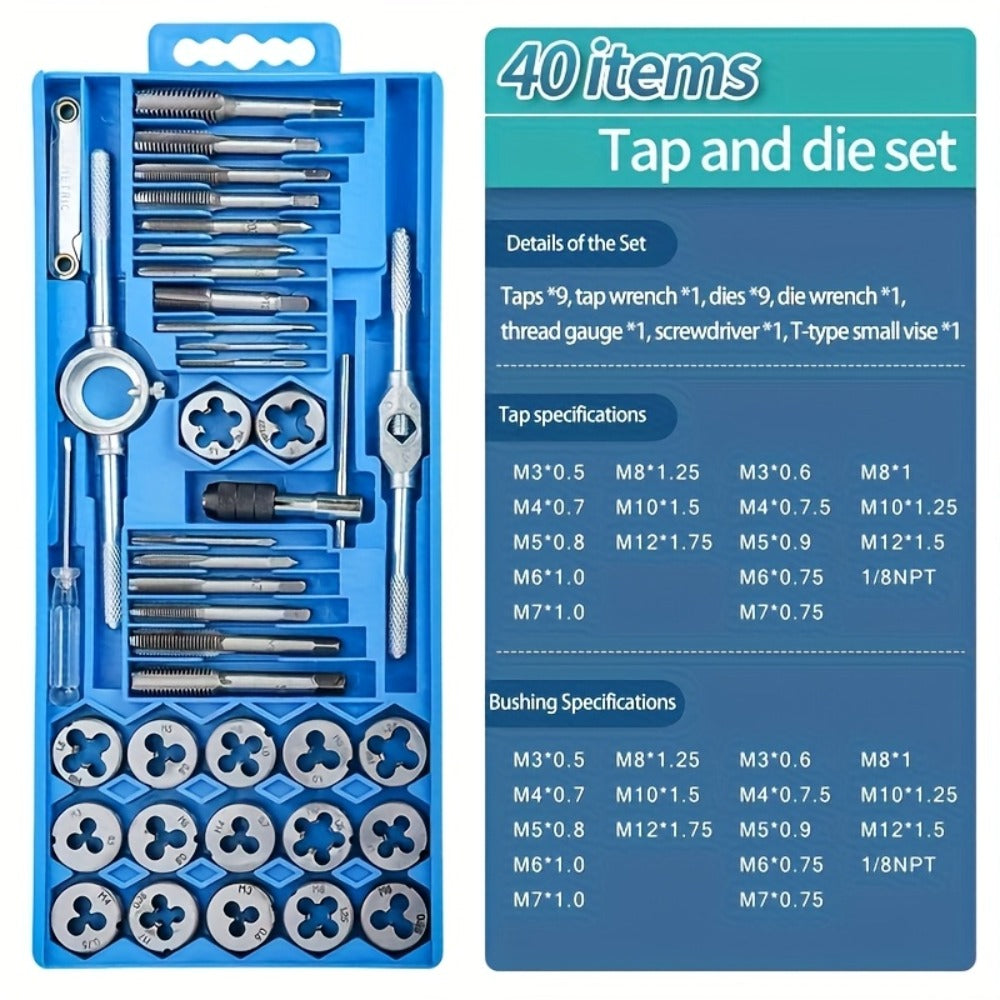 Metric Tap and Die Set 12pcs or 40pcs, M3-M12 Hand Thread Tapping Tool Kit with Plug Taps, Straight & Cone Reamers, Manual Threading Tool for DIY, Household Repair & Metalworking