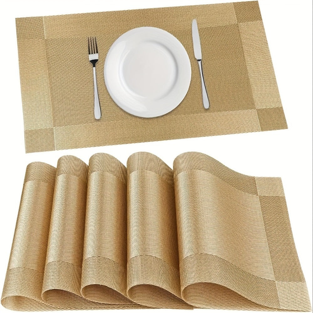 PVC Placemats Set of 6 Heat Resistant Non-Slip Washable Table Mats for Kitchen Dining Table, Easy Clean Vinyl Dinner Mats 11.8x17.7 Inch (Golden, Brown, Silver)