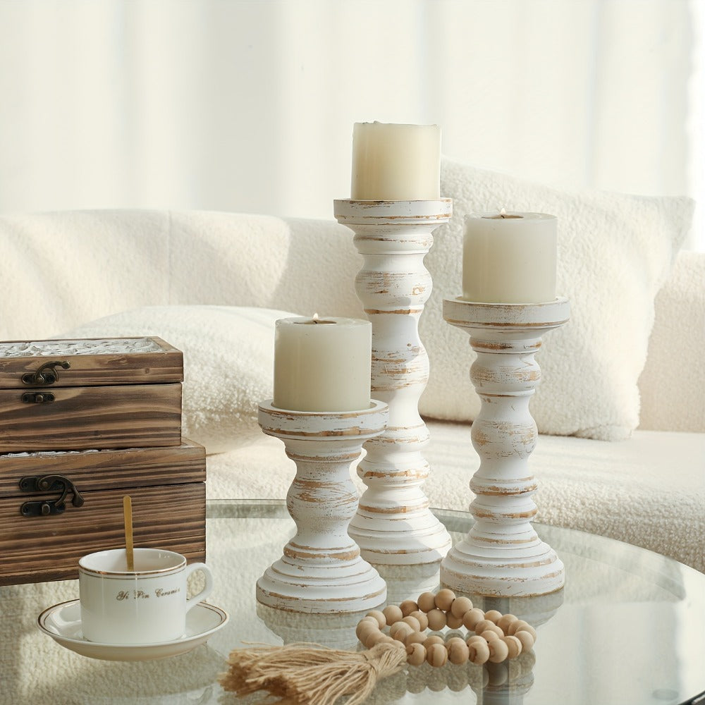 Wood Pillar Candle Holder Set of 3 - Farmhouse Rustic Wooden Candlestick Holders for Pillar Candles, Tiered Tray Decor, Table Centerpiece, Mantel Shelf Home Decor, White Black Brown