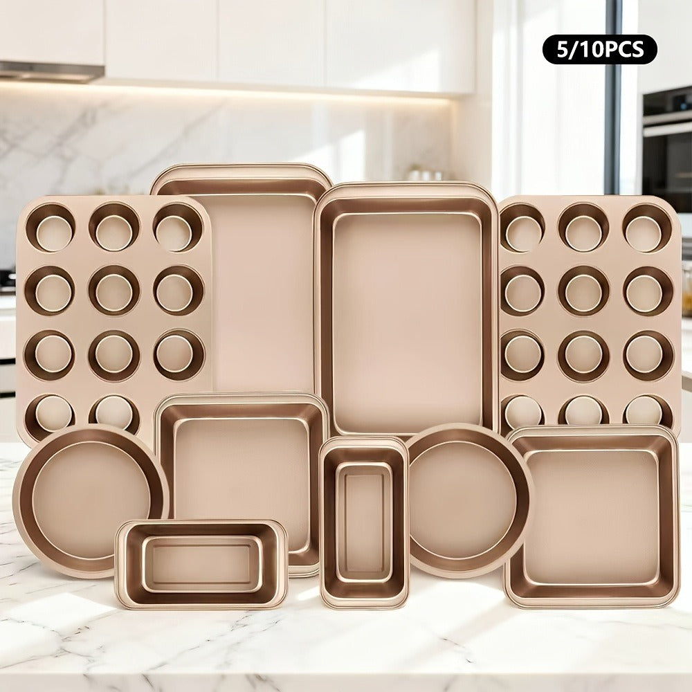 Nonstick Bakeware Set Stackable Space-Saving - Round & Square Pans, Waffle Tray, Cookie Sheet, Dishwasher Safe, Carbon Steel Baking Pan Set for Oven, 2pcs / 5pcs / 10pcs Options