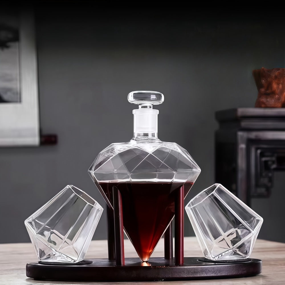 Whiskey Decanter Set with 2 Diamond Glasses & Wooden Rack | Brick Stone Design ¨C Bourbon Rum Vodka Tequila Gift Set for Men Home Bar