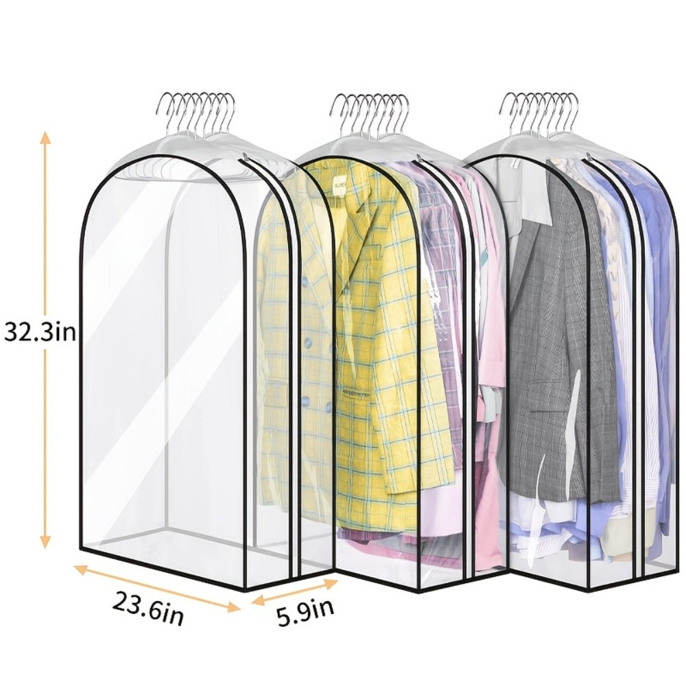 Garment Bags for Hanging Clothes, 3-Pack Transparent Suit Bags with Zipper, Heavy Duty EVA Coat Covers for Wardrobe Closet Storage, Fits 32 40 50 60 Inch Dresses Shirts Coats