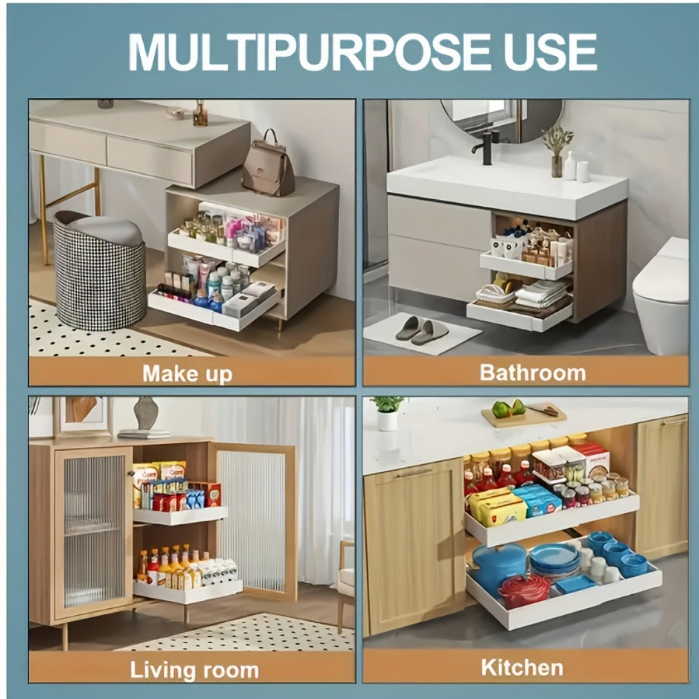 Expandable Pull-Out Cabinet Organizer Under Sink Storage Drawer Rack 2-Pack Adjustable Kitchen Shelf Organizer for Pots Pans Spices