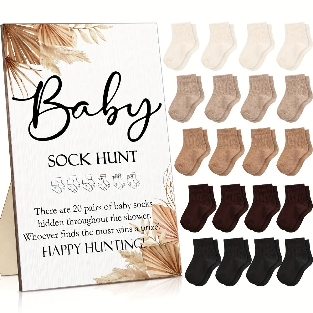 Baby Shower Sock Hunt Game Set 20 Pairs Cotton Socks with Wooden Table Sign Gender Reveal Party Favor