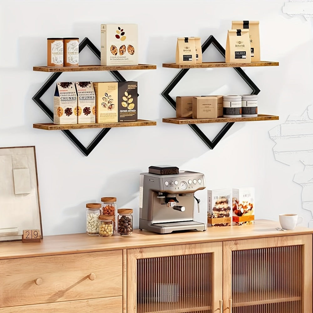 Floating Wall Shelves Double Layer Geometric Diamond Metal Wire Wood Display Stand Industrial Style for Living Room Kitchen 2 4 Pack