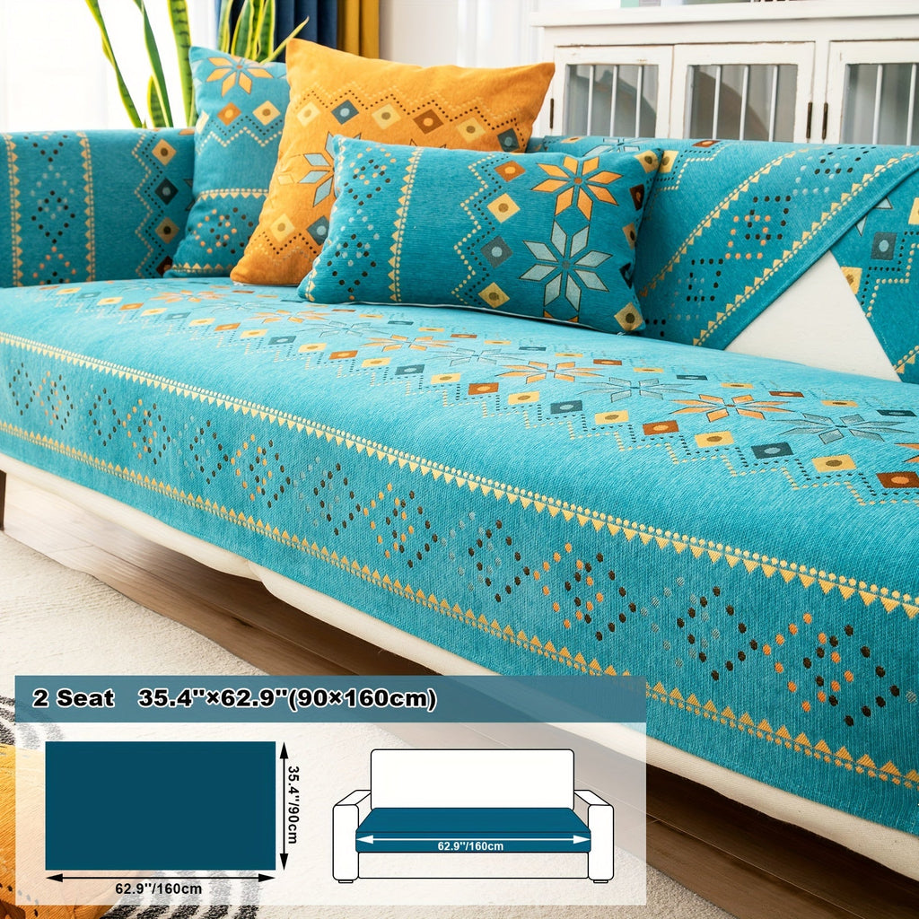 Bohemian Chenille Sofa Cover | Geometric Print Non-Slip Couch Slipcover, Thick Plush Boho Style, 1 to 4 Seat, Armrest & Backrest, Machine Washable, Sectional Sofa Protector
