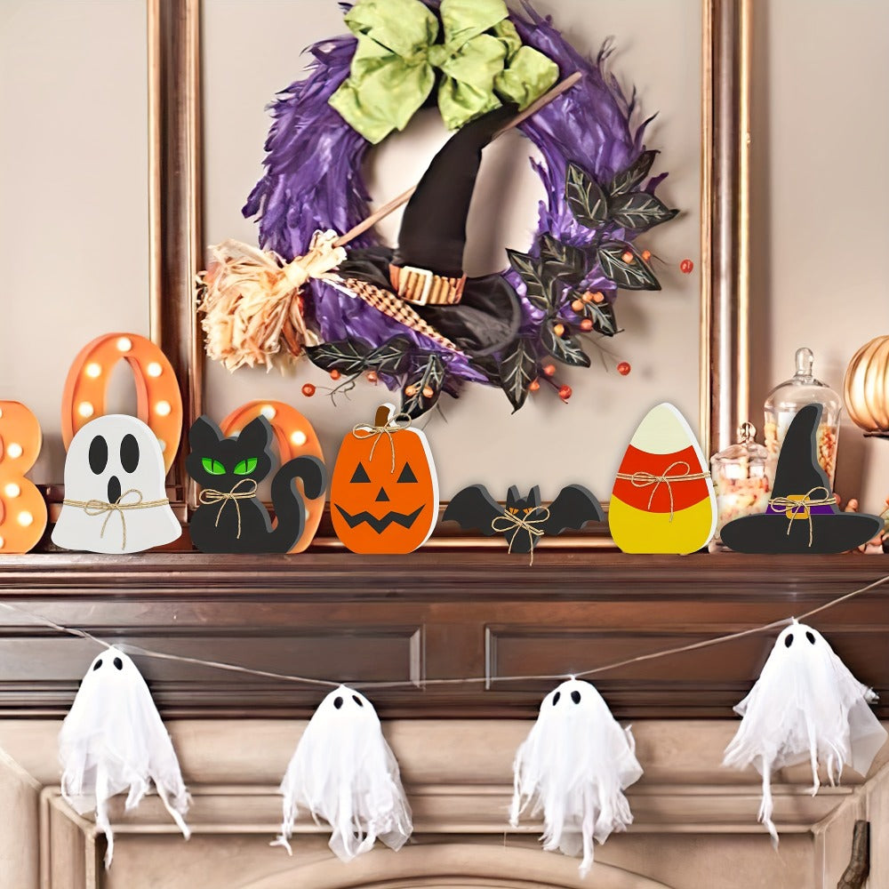 Halloween Wooden Decorations Set of 6 ¨C Freestanding Rustic Table Signs with Pumpkin, Ghost, Bat, Black Cat, Witch Hat & Candy Corn, Farmhouse Tiered Tray & Mantle Decor