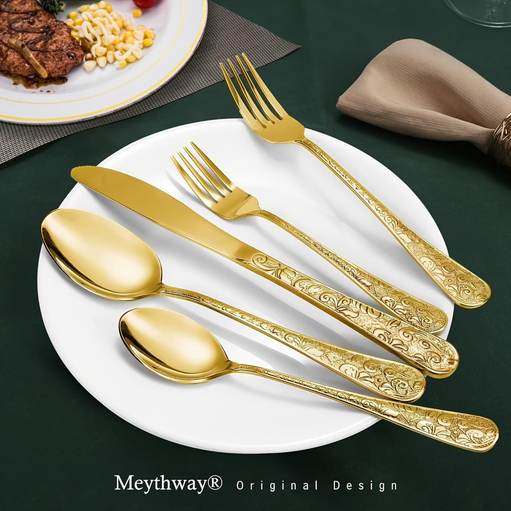 Flatware Set Stainless Steel Vintage Carved Cutlery Set Knife Fork Spoon Dishwasher Safe for Family Gatherings Holiday Parties Kitchen Decor