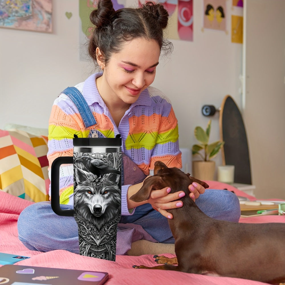 40oz Viking Tumbler with Handle - Wolf Raven Norse Mythology Celtic Knot Stainless Steel Insulated Travel Mug, Viking Gift for Men Women, Coffee Mug for Viking Lovers, Norse Mythology Gift