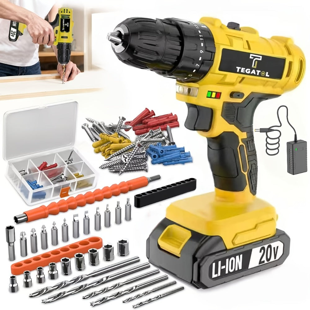 Cordless Drill Set 20V - Tegatok Impact Drill Kit with 45Nm Torque, 23-Speed Settings, LED Light, 2.0Ah Battery & Fast Charger, 58/136/145pcs Accessories for Home Renovation, Woodworking & Metal Drilling