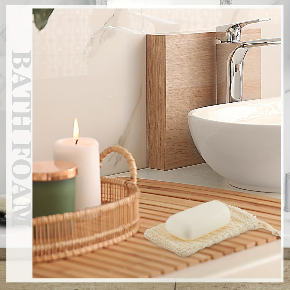 Soap Exfoliating Mesh Bag with Wooden Holder Set 60 Pcs | Natural Sisal Bath Scrubber Bags & Rectangle Wood Soap Dish for Shower, Bathroom Sink, Body Scrub & Skin Cleansing Accessories