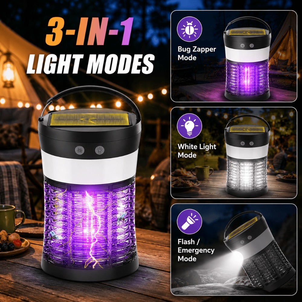 Solar Bug Zapper Electric 3-in-1 ¨C 3000V UV 365nm Mosquito Killer Rechargeable Insect Fly Trap with White Light & Flashlight, 2100 Sq Ft Coverage for Indoor Outdoor Home Patio Backyard Camping ¨C Black