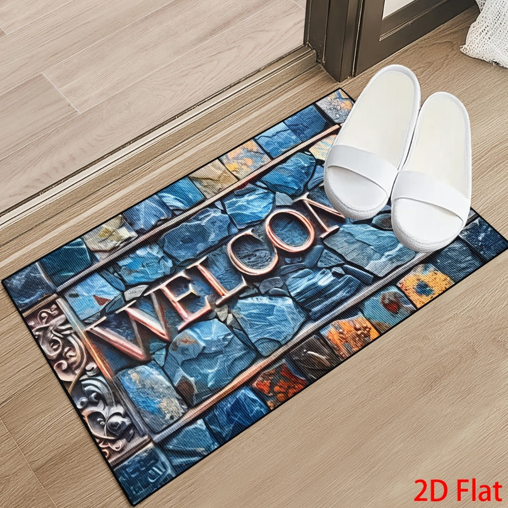 Non-Slip Welcome Doormat Stone Pattern Entrance Carpet Indoor Outdoor Floor Mat