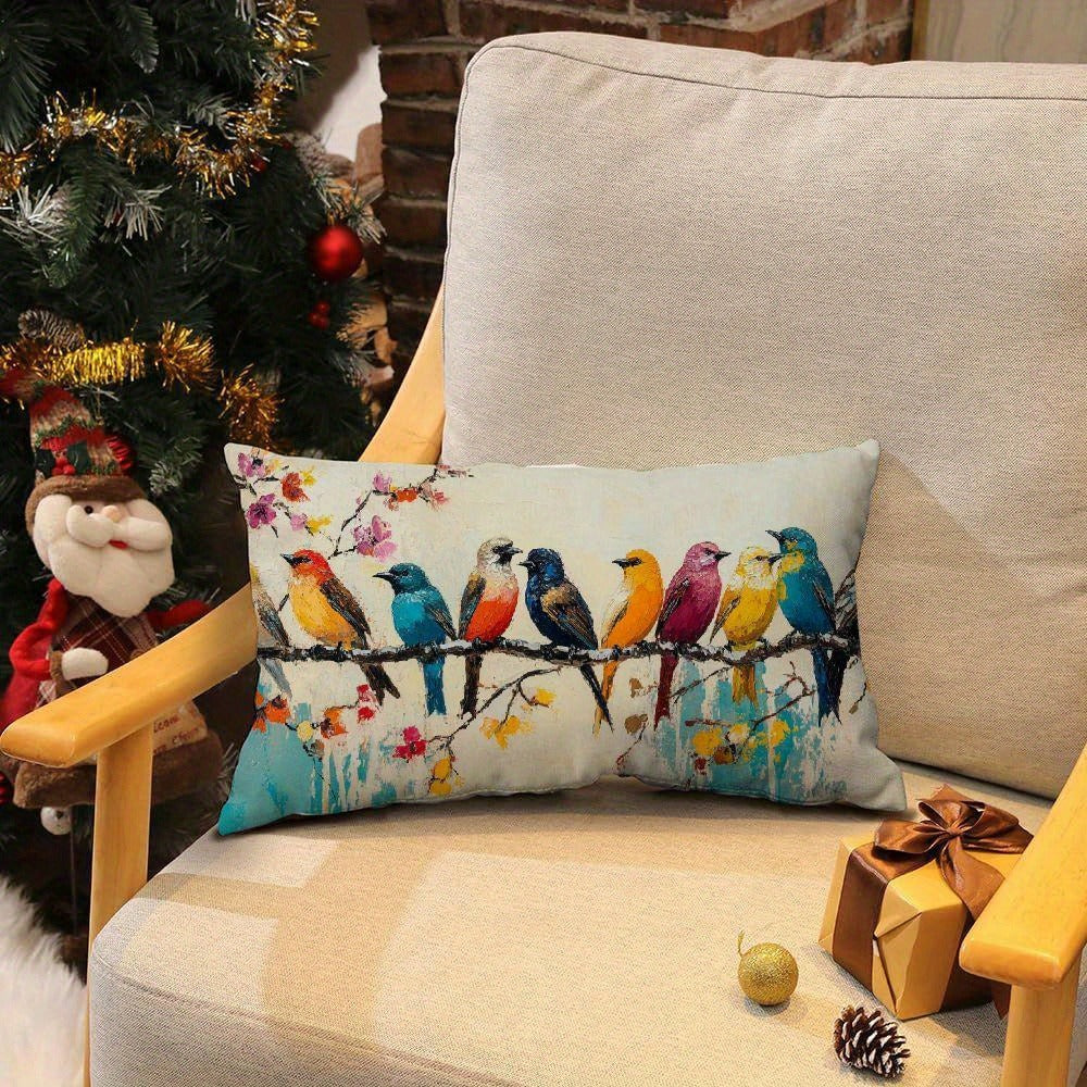 Lumbar Pillow Covers 12x20 Inch Watercolor Bird Pattern - Decorative Linen Throw Pillow Cases Cute Nature Print Zipper Closure | 1pc or 2pcs | Bedroom Living Room Sofa Couch Cushion Cover Home Decor