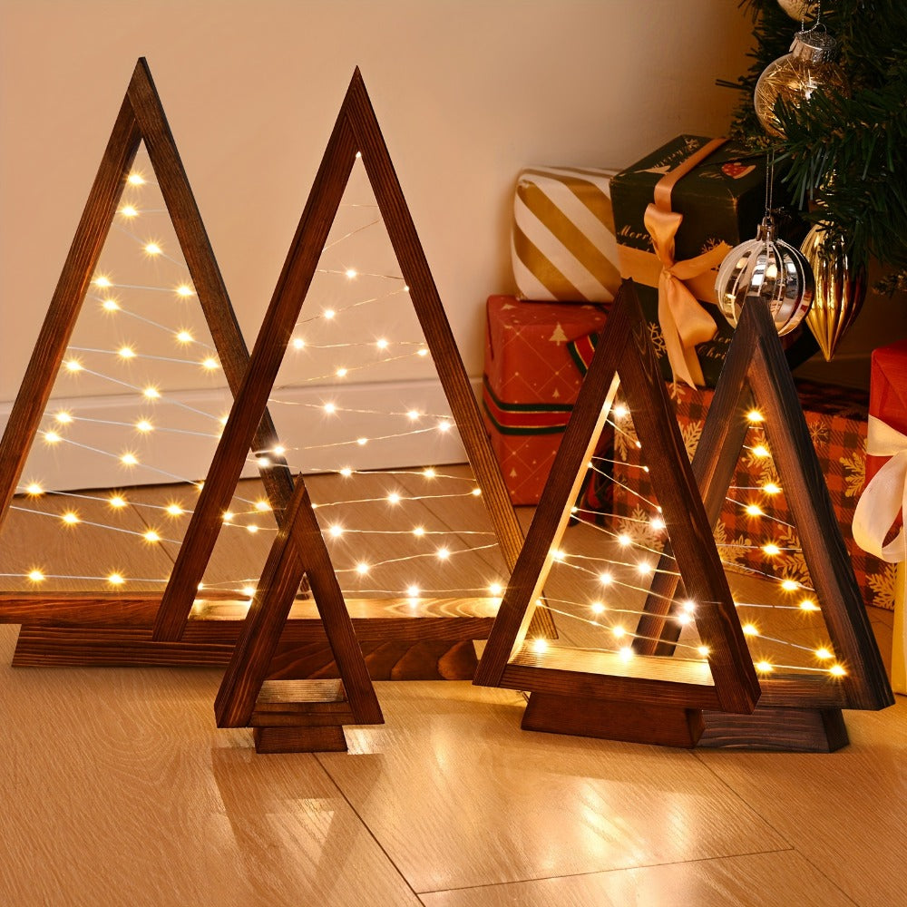 Wooden Light-Up Desktop Christmas Trees USB Powered - Mini Lighted Wood Tree Set for Holiday Decoration, Home & Office Desk, Shelf Display & Room Decor, Reusable Indoor Gift, Set of 2/3/4/5/6