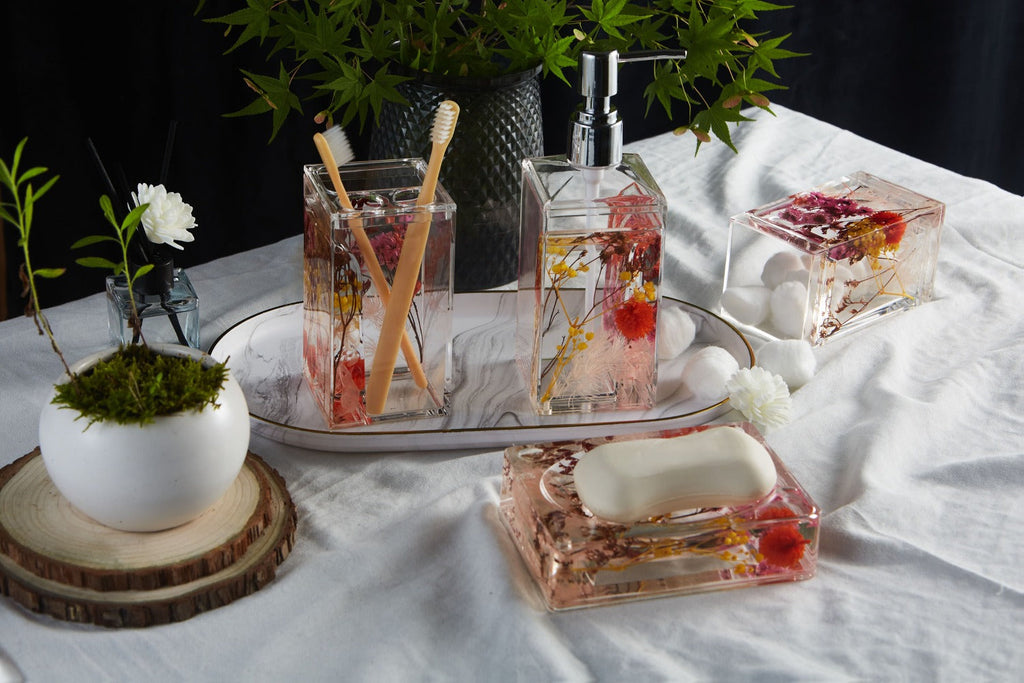 Bathroom Accessory Set 4-Piece 3D Floating Motion Acrylic Liquid Vanity Kit - Tumbler, Toothbrush Holder, Soap Dispenser & Soap Dish, Handcrafted Shell & Leaf Decor, Ocean Dolphin Conch Leaf Styles
