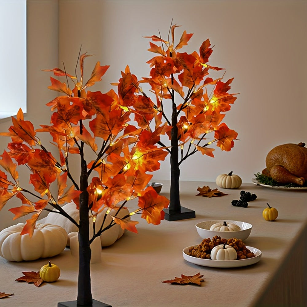 LED Maple Leaf Tree Decor Light Up Desktop Ornament 2 Pack | 24 LED Battery Powered Warm Light | Autumn Thanksgiving Table Lamp for Home Bedroom Party Wedding Holiday Gift
