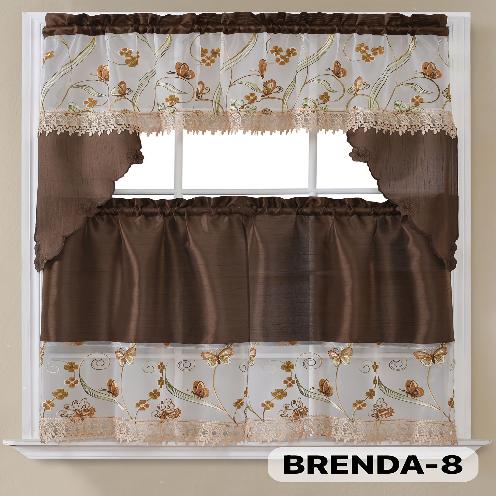 Kitchen Curtains 3 Piece Set Embroidered Satin Valance and Tiers - Rod Pocket Light Filtering Machine Washable 46 Colors Available All Season Home Decor