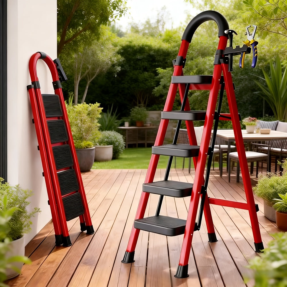 Folding Step Stool Ladder 500lbs Heavy Duty Steel with Anti-Slip Wide Treads & Handrails ¨C Safety Lock, Portable Multi-Step Ladder for Home, Kitchen & Outdoor Use, Mini / Medium / Large