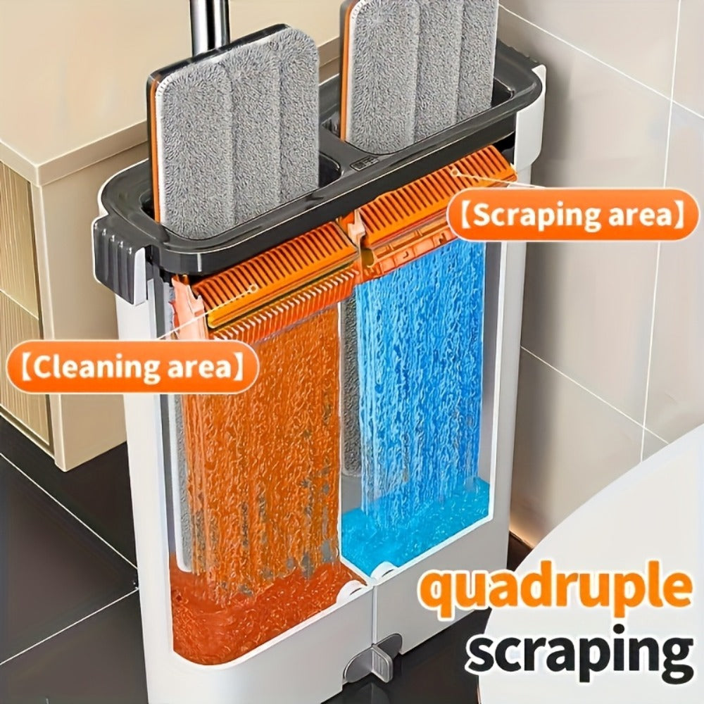 Flat Mop and Bucket System with Washable Reusable Microfiber Pads Dual Bucket Wringer Wet Dry Floor Mop for Hardwood Tile Marble Wall Cleaning Stainless Steel Handle 12.99in or 15.74in Mop Head