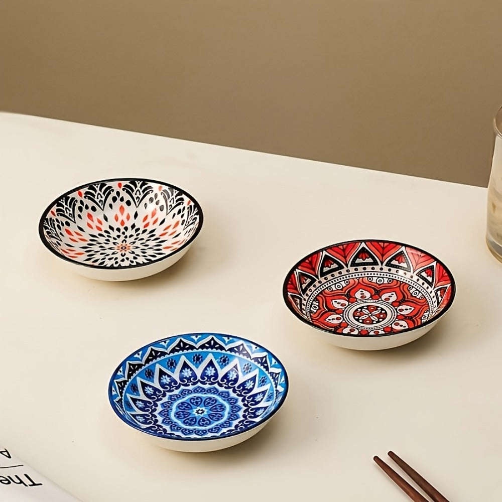 Ceramic Condiment Dish Set of 10 ¨C Bohemian Small Saucer Dipping Bowls for Soy Sauce, Vinegar & Spices | Kitchen, Restaurant, Party, BBQ & Picnic Use | Machine Washable