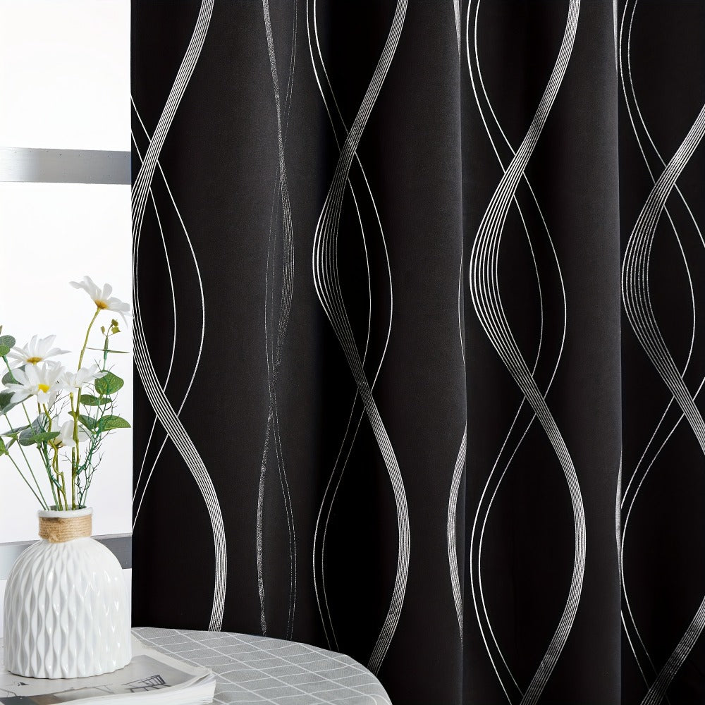 Thermal Insulated Blackout Curtains 2 Panels Wave Line Foil Print Noise Reducing Room Darkening Drapes for Bedroom Living Room Patio Sliding Glass Door