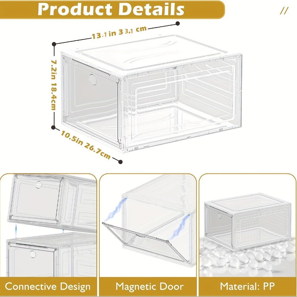 Clear Shoe Organizer Box 6-Pack, Stackable Shoe Storage with Magnetic Door, Dustproof Sneaker Display Case for Women & Men, Front-Loading Large Plastic Closet Shoe Rack for Boots & Hats