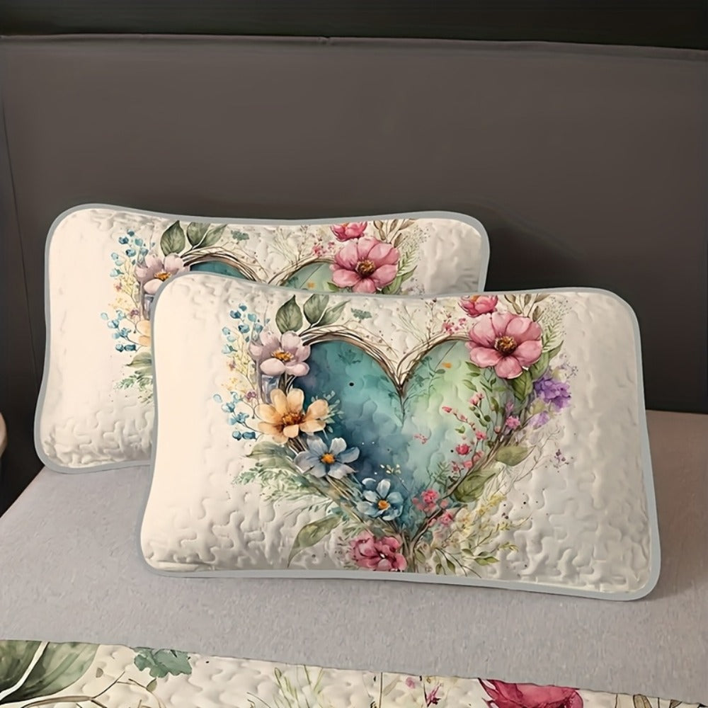 Floral Watercolor Quilt Set ¨C Heart Botanical Print, Soft Breathable Hypoallergenic Bedspread, Twin Full Queen King, All Seasons ¨C Romantic Bedroom Decor