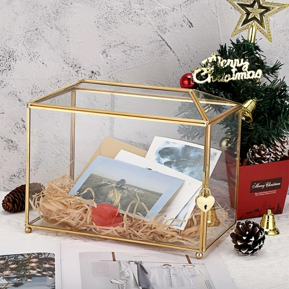 Wedding Card Box with Lock Glass Gold Transparent Slot Lid 10.2x5.9x8.3 In Holds 100 Cards for Wedding Baby Shower Birthday Party