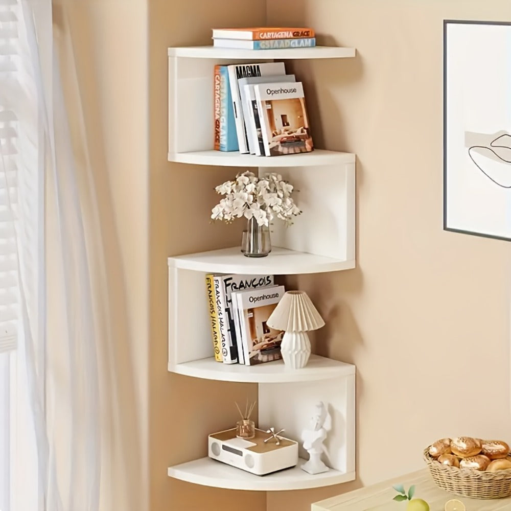 5-Tier Wall-Mounted Corner Shelf ¨C Space-Saving Floating Storage Organizer in White Acrylic for Bathroom, Living Room, Bedroom, Kitchen & Office, Decorative Corner Rack & Versatile Room Organizer