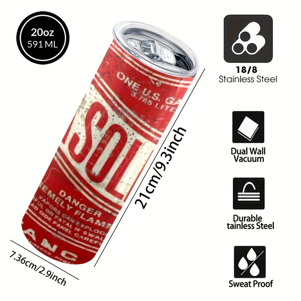 Insulated Tumbler Vintage Gasoline Can Design 20oz - Stainless Steel Travel Mug with Lid & Straw, Double Wall Coffee Cup for Hot Cold Drinks, Camping Drinkware, Unique Gift