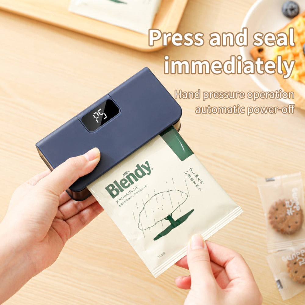 Portable Mini Bag Sealer USB Rechargeable ¨C Handheld Food Sealer with Built-In Cutter for Fruits, Vegetables, Snacks & Chips ¨C Compact Kitchen & Outdoor Picnic Sealing Tool, White & Blue