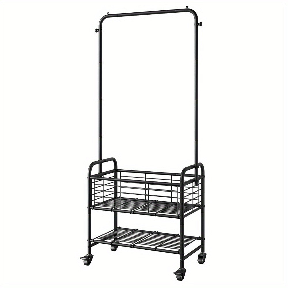 Rolling Laundry Basket with Wheels and Hanging Rack, Laundry Sorter Cart with Shelf and Locking Casters, Heavy Duty Steel Frame, Multifunctional Clothes Hamper for Laundry Room Bedroom Bathroom, White Black Silver