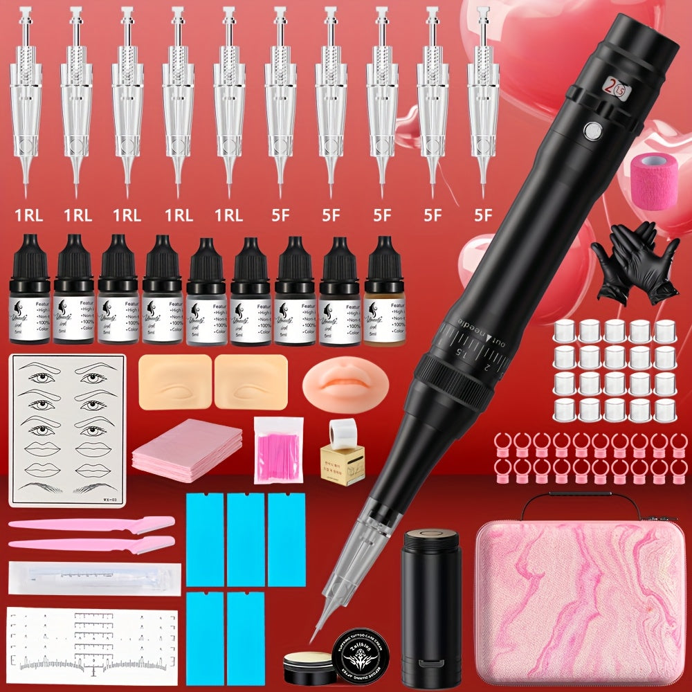 Permanent Eyebrow Tattoo Kit PMU Pen - Includes Tattoo Pen, Ink, Eyebrow & Lip Tattoo Needles, Practice Accessories, Complete Microblading Starter Set for Beginners & Enthusiasts, Black or Pink