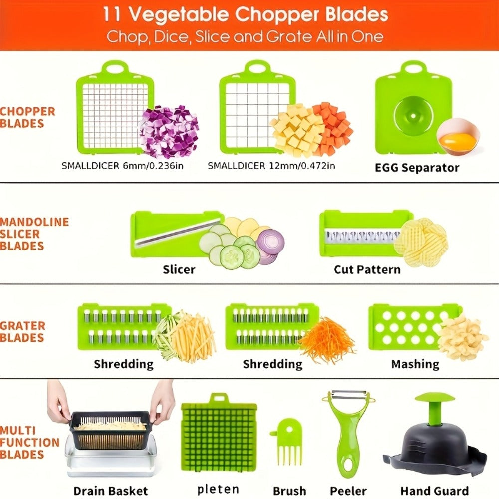 Vegetable Chopper 16-in-1 Multifunctional Food Chopper Slicer & Dicer ¨C Manual Kitchen Chopper with 8 Interchangeable Blades & Container for Fruits, Vegetables & Onions ¨C 1-10L Capacity
