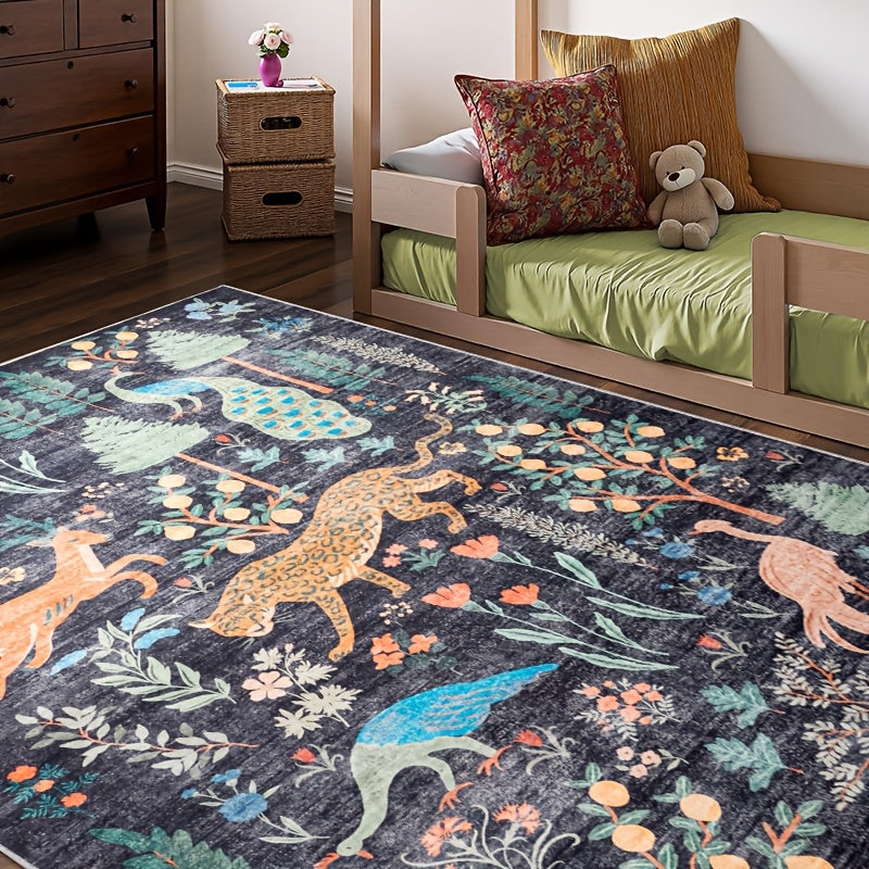 Area Rug 8x10 Ft Soft Non-Slip Machine Washable Large Floor Rug with Floral Forest Animal Patterns for Living Room Bedroom Home Decor ¨C Durable Easy Clean Indoor Carpet
