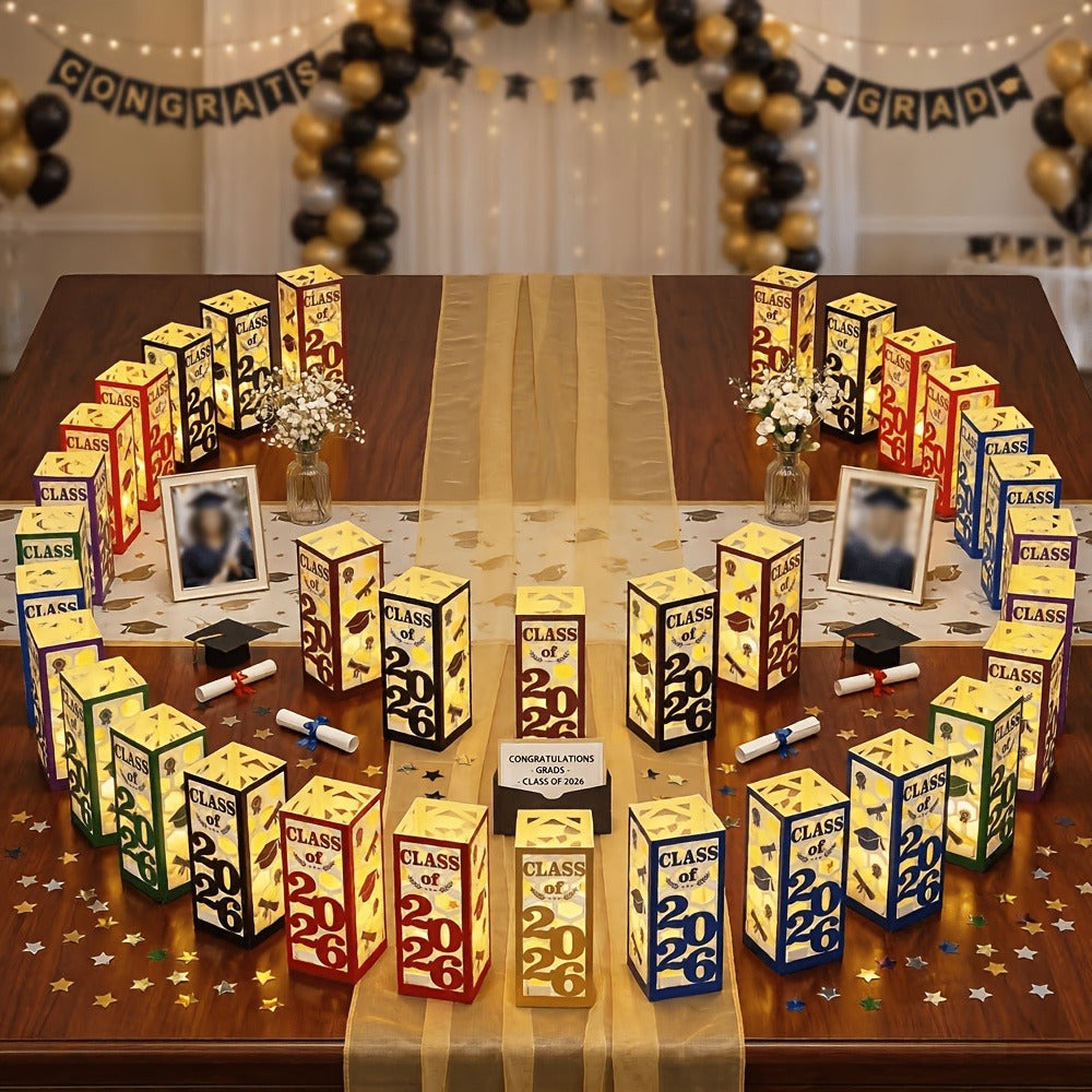 Graduation Centerpiece Set 6pcs Class of 2026 ¨C Decorative Lantern Box Table Decorations for High School & College Graduation Party, Photo Booth Props, Party Kit in Red Blue Green Purple Maroon
