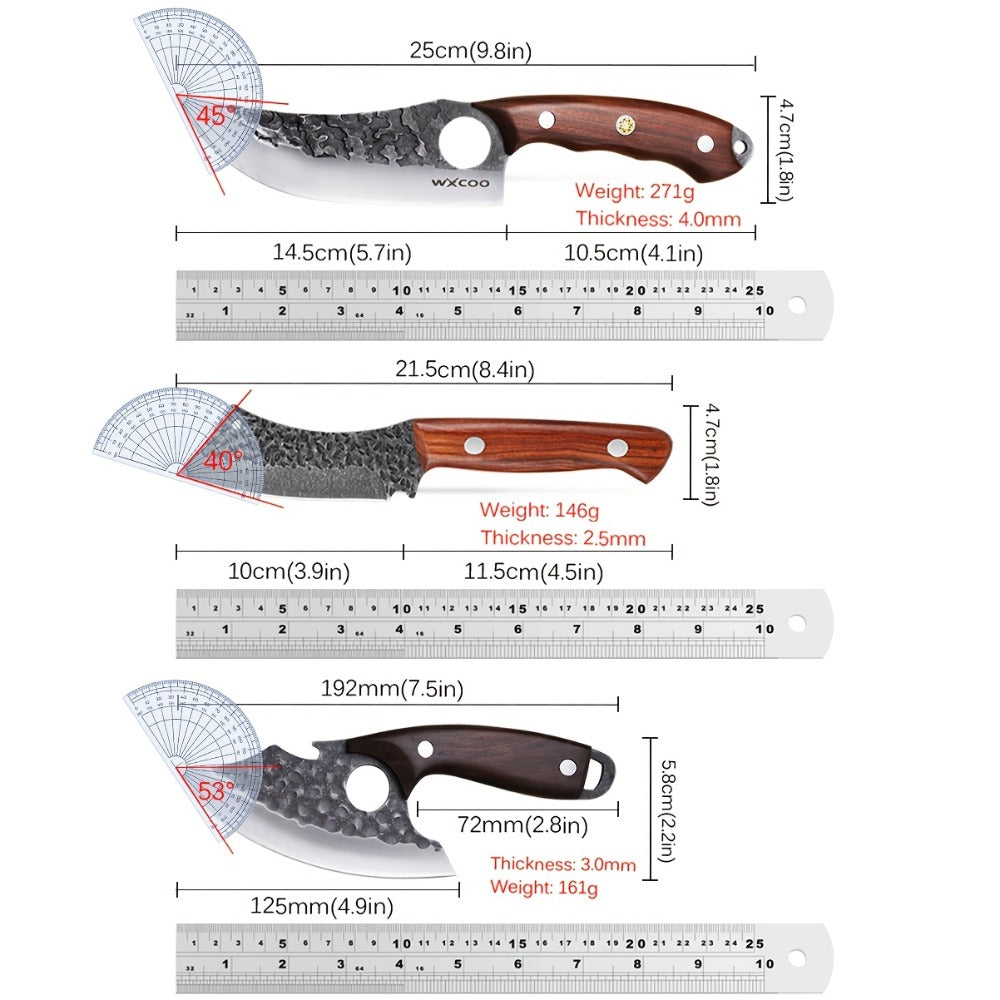 Kitchen Chef Knife Set 3 Piece Stainless Steel - Sharp Boning Knife, Utility Knife & BBQ Knife with Hammered Blade, Wood Handle, Full Tang, Multipurpose Cooking Knives for Meat Vegetables